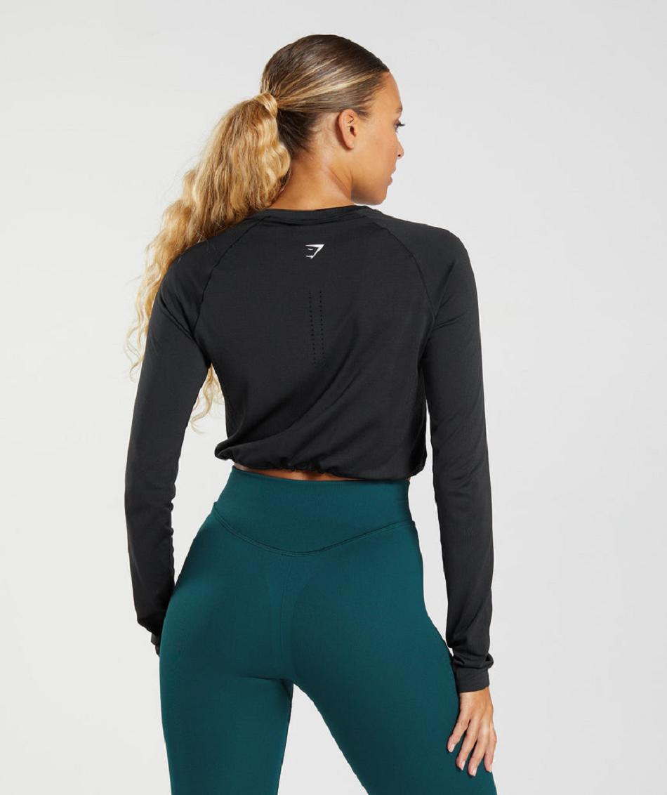 Przycięte Topy Damskie Gymshark Sweat Seamless Long Sleeve Czarne | PL 2661TCE